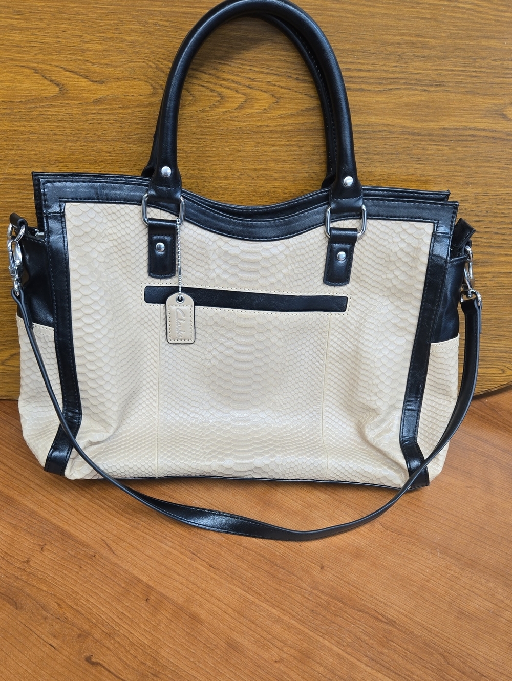 Cream and Black Structured Tote Bag with Top Handles